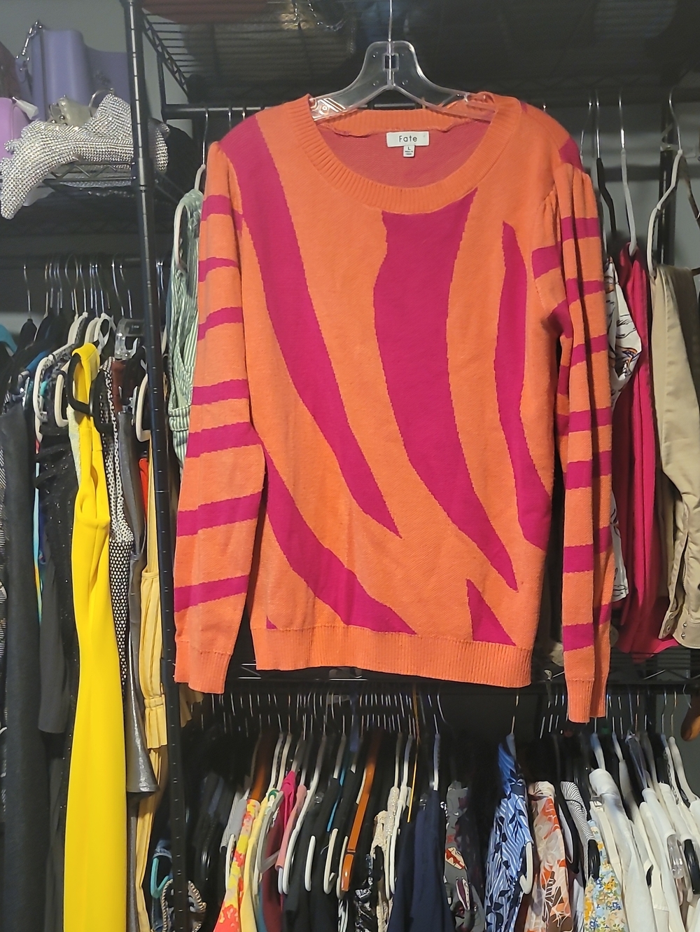 Fate Orange and Pink Abstract Stripe Crewneck Sweater